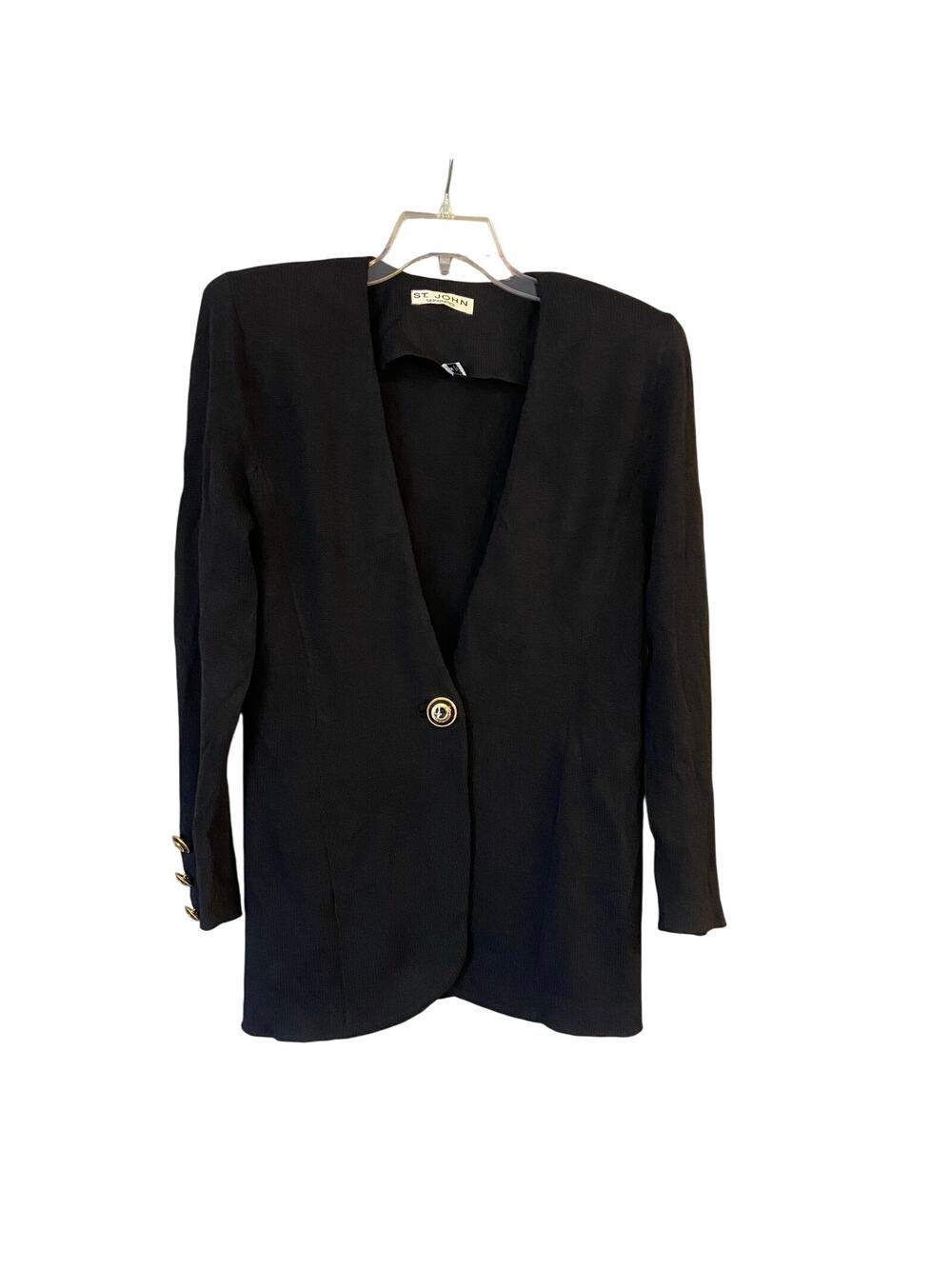 St. John Size Medium Black Knit Blazer Cardigan Gold Crest Logo Buttons Vintage